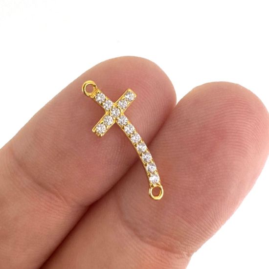 Gold Covered .925 Sterling Silver Cross Connector Charm with CZ stones 
