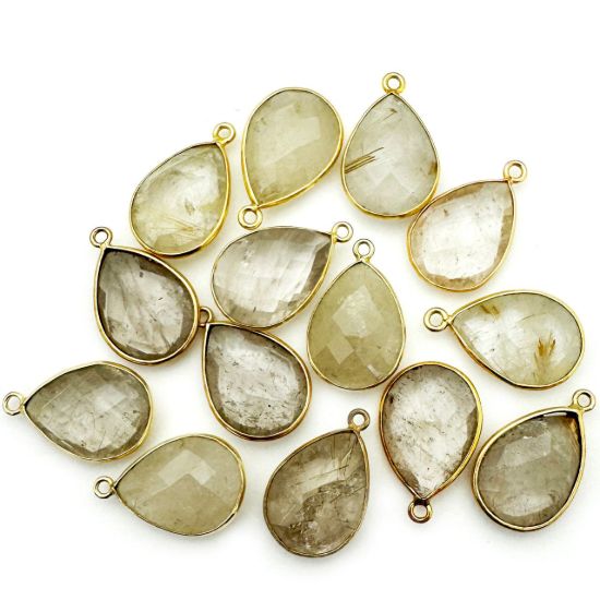 Wholesale Bezel Gemstone Pendant - Gold plated Bezel- 13x18mm Faceted Pear Shape - Gold Rutilated Quartz