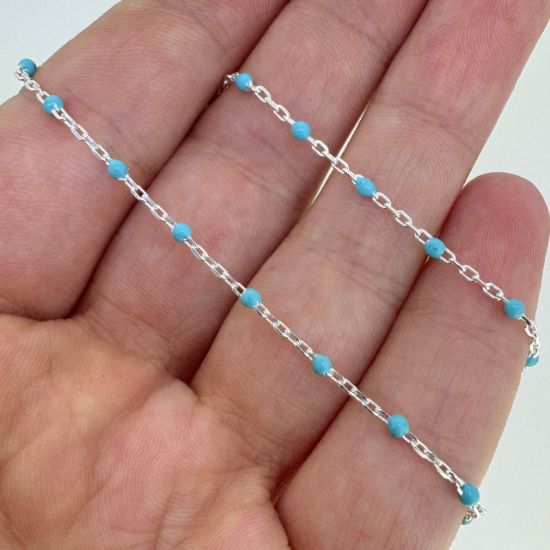 Wholesale 925 Sterling Silver Cable Chain with Turquoise Enamel Link - Bulk Chain by the Foot