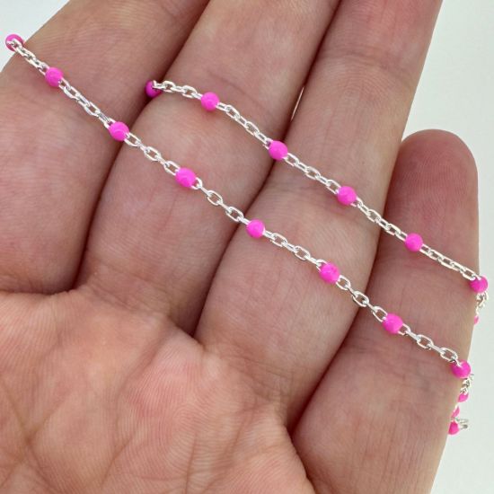 Wholesale 925 Sterling Silver Cable Chain with Pink Enamel Link - Bulk Chain by the Foot 