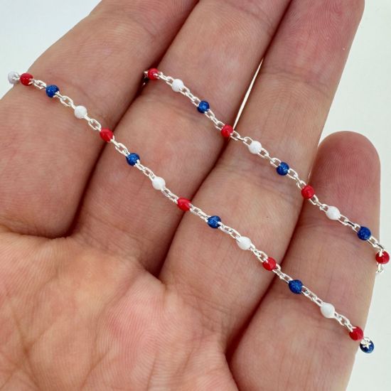 Wholesale 925 Sterling Silver Cable Chain with Red, White, and Blue Enamel Links - Bulk Chain by the Foot