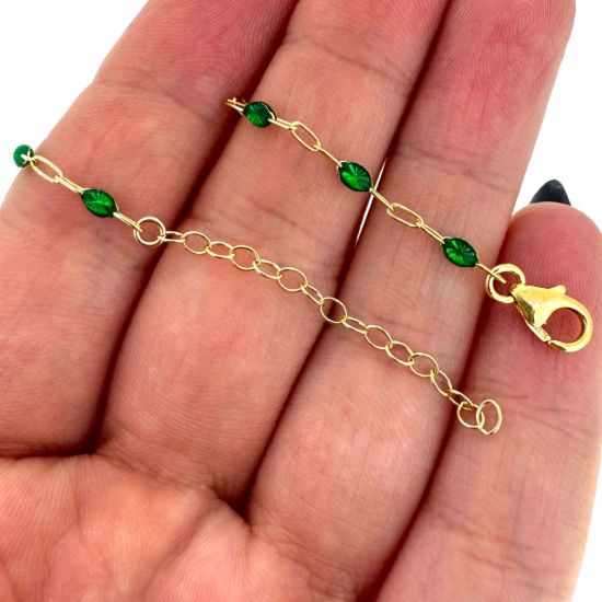 Wholesale 1/20 14k Gold Filled Finished Adjustable Enamel Chain Jewelry - Paperclip Chain with Green Enamel