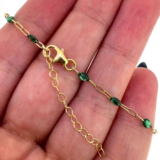 Wholesale 1/20 14k Gold Filled Finished Adjustable Enamel Chain Jewelry - Paperclip Chain with Turquoise Enamel
