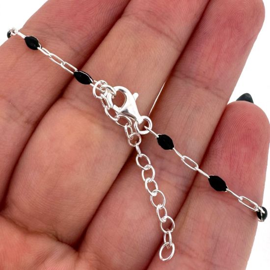 Wholesale 925 Sterling Silver Finished Adjustable Enamel Chain Jewelry - Paperclip Chain with Black Enamel