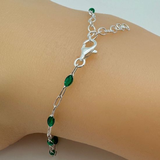 Wholesale 925 Sterling Silver Finished Adjustable Enamel Chain Necklace, Bracelet or Anklet- Paperclip Chain with Green Enamel