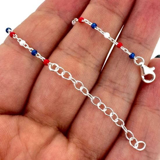Wholesale 925 Sterling Silver Finished Adjustable Enamel Chain Jewelry - Cable Chain with Red, White and Blue Enamel