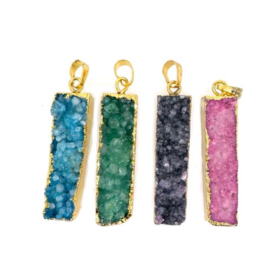 Wholesale Druzy Bar Pendant, Rainbow Druzy Agate Bar Pendant- Vertical- Gold plated Brass Edge and Bail - 52mm 