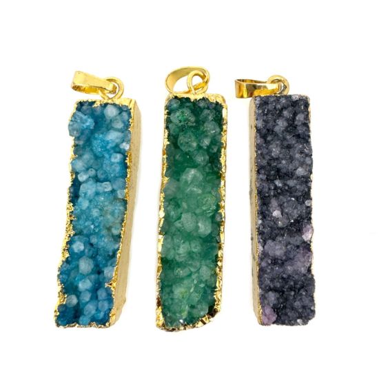 Wholesale Druzy Bar Pendant, Rainbow Druzy Agate Bar Pendant- Vertical- Gold plated Brass Edge and Bail - 52mm 