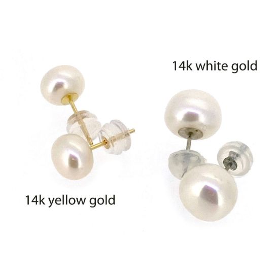 Wholesale 14K Yellow Gold White Button Freshwater Pearl Earring Studs (1 pair)