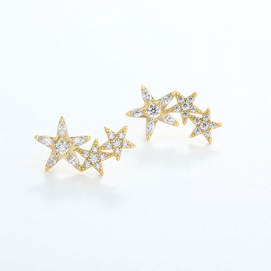 Wholesale Gold Over Sterling Silver CZ Stone Triple Star Earring Studs - 17 *10mm