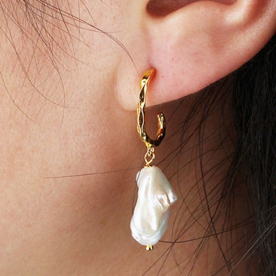 Wholesale Sample-order item - 925 Sterling Silver or Gold Over Silver Hamered Half Hoops with Baroque Pearls