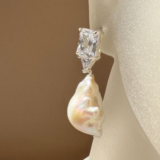 Wholesale Sample-order item - 925 Sterling Silver or Gold Over Silver Large CZ Stone and Baroque Pearl Dangle Studs