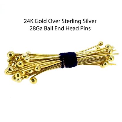 Wholesale Gold Over Sterling Silver 1.5mm Ball End Headpins - 28 Gauge (Pack of 50 pcs)