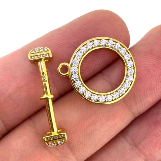 Wholesale Gold Over Sterling Silver Round Toggle with CZ Stones-15mm(Sold per set)