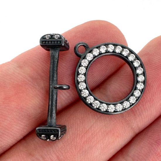 Wholesale Oxidized 925 Sterling Silver Round CZ Stone Toggle 15mm (Sold per set)