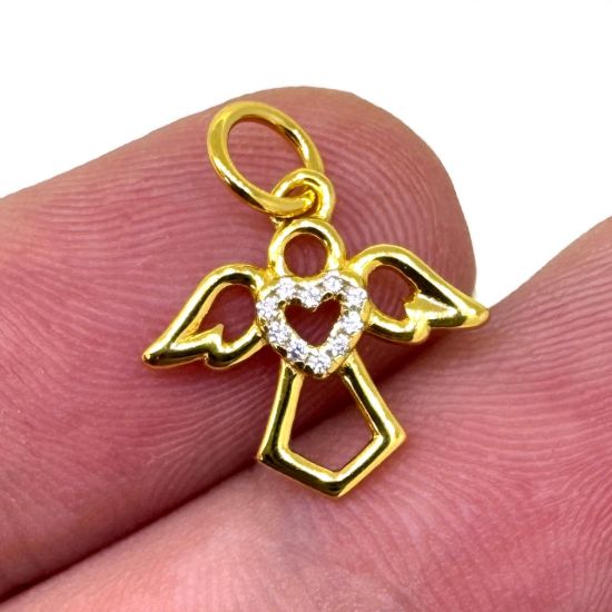 Wholesale Gold Over 925 Sterling Silver Angel Charm with CZ Heart - 12mm (sold per piece)