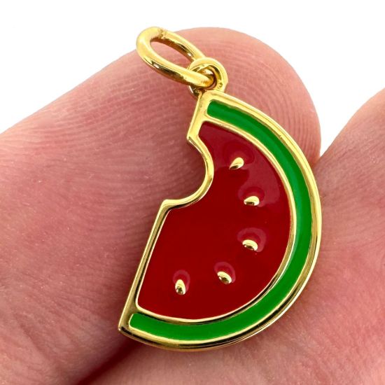 Wholesale Gold Over 925 Sterling Silver Enamel Watermelon Charm - 10x16.5mm (sold per piece)
