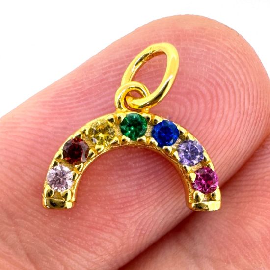 Wholesale Gold Over 925 Sterling Silver Rainbow Charm With CZ Stones - 8.5mm (sold per piece)
