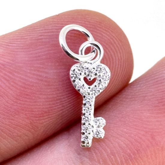 Wholesale Sterling Silver Tiny Key Charm with CZ Stones - 10mm (sold per piece)