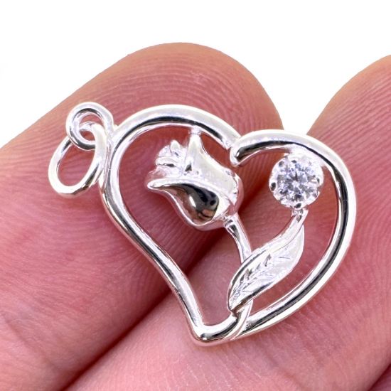 Wholesale 925 Sterling Silver Heart Charm with Rose and CZ Charm  - 15.5mm (sold per piece)