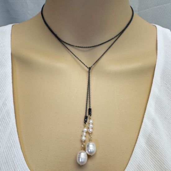 Wholesale Oxidized 925 Sterling Silver Lariat Necklace with Gold Filled White Freshwater Pearl Charms