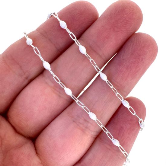 Wholesale 925 Sterling Silver Long Box -1+3 PaperClip Enamel Chain (Pearl White Color)-4mm by 1.6mm (Sold per foot)