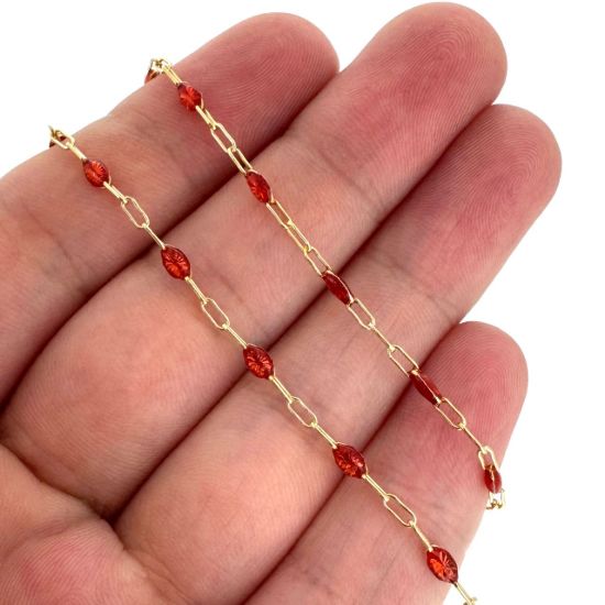 Wholesale 1/20 14K Gold Filled Long Box - 1+3 PaperClip Enamel Chain (Ruby Color) - 3.6mm by 1.6mm (Sold per foot)