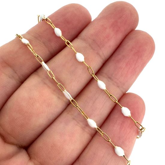 Wholesale 1/20 Gold Filled Long Box - 1+3 PaperClip Enamel Chain (Pearl White Color) - 3.6mm by 1.6mm (Sold per foot)