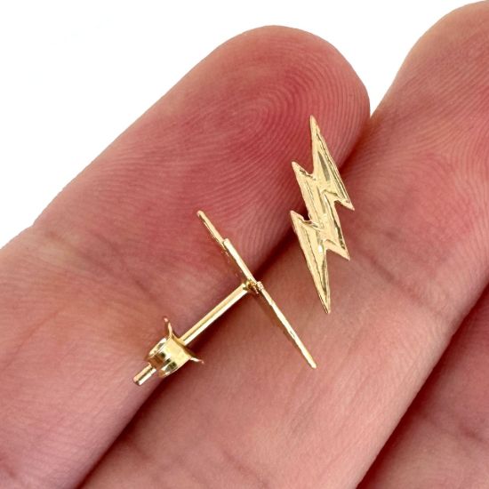 Wholesale 14K Solid Yellow Gold 13mm Lightening Bolt Stud Earrings with Butterfly Back (Sold Per Pair)