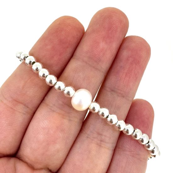 Wholesale 925 Sterling Silver Smooth Beaded Stretchy Bracelet with Single Freshwater Pearls