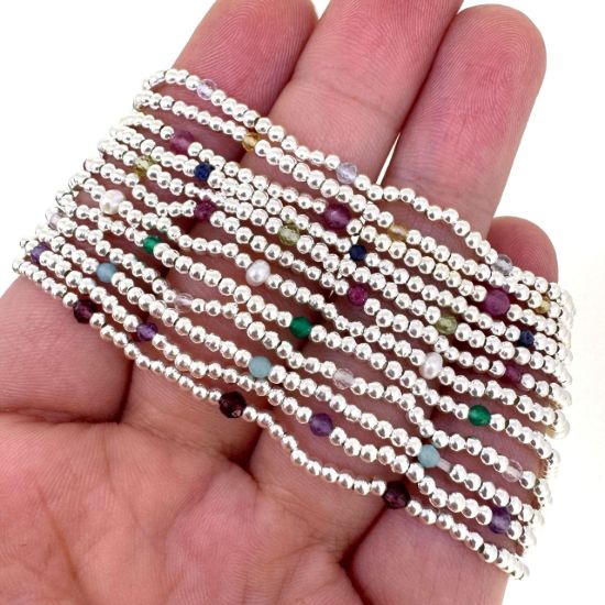Wholesale 925 Sterling Silver 2mm Smooth Beaded Stretchy Bracelet with Natrual Gemstone Beads 