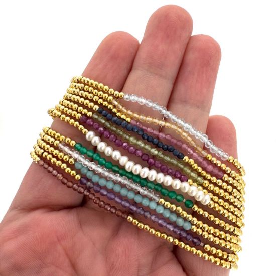 Wholesale 1/20 14K Gold Filled 2mm Smooth Beaded Stretchy Bracelet with Seed Pearls or Natural Gemstones