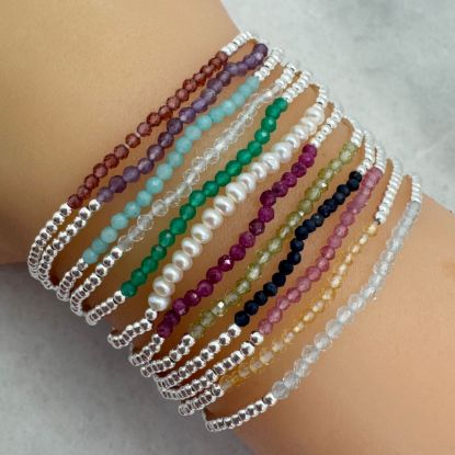 Wholesale 925 Sterling Silver 2mm Smooth Beaded Stretchy Bracelet with Seed Pearls or Natural Gemstone