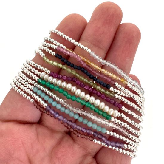 Wholesale 925 Sterling Silver 2mm Smooth Beaded Stretchy Bracelet with Seed Pearls or Natural Gemstone