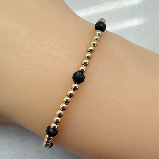 Wholesale 1/20 14K Gold Filled 3mm Smooth Beaded Stretchy Bracelet with 4mm Oxidized Silver Beads - 6.5"