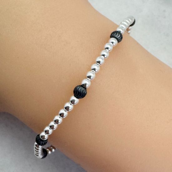 Wholesale 925 Sterling Silver 3mm Smooth Beaded Stretchy Bracelet with 4mm Oxidized Silver Beads - 6.5"