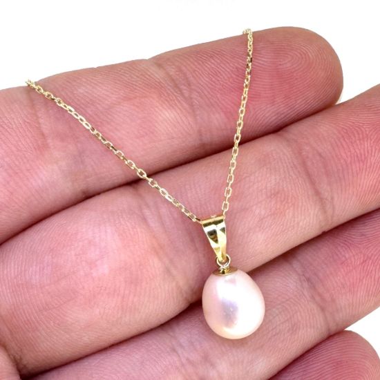 Wholesale 14K Yellow Gold Simple White Teardrop Freshwater Pearl Necklace