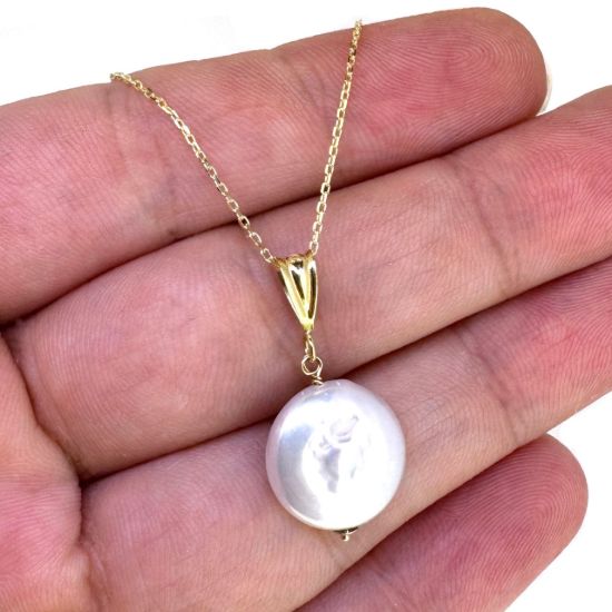 Wholesale 14K Yellow Gold Simple White Coin Freshwater Pearl Necklace