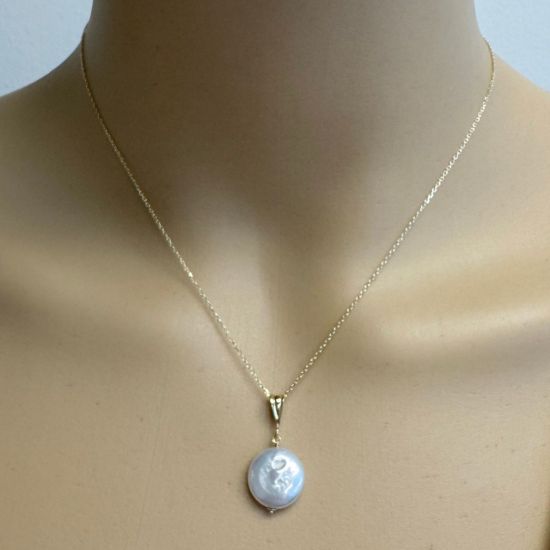 Wholesale 14K Yellow Gold Simple White Coin Freshwater Pearl Necklace
