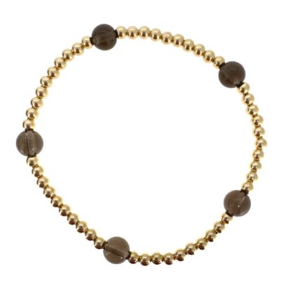 Wholesale 1/20 14K Gold Filled 3mm Smooth Beaded Stretchy Bracelet with 6mm Smokey Quartz - 6.5"