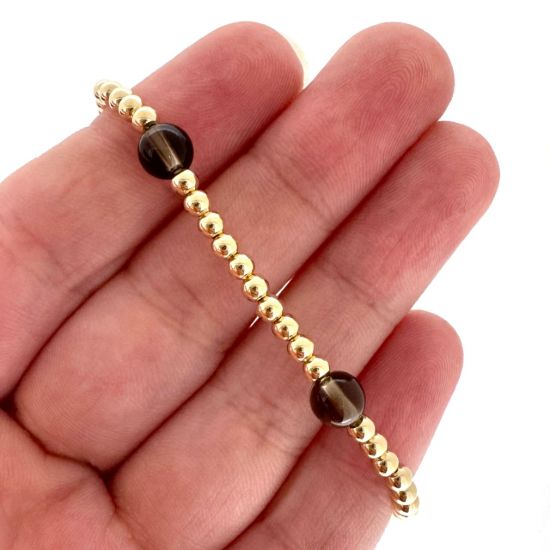 Wholesale 1/20 14K Gold Filled 3mm Smooth Beaded Stretchy Bracelet with 6mm Smokey Quartz - 6.5"