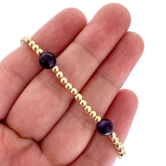 Wholesale 1/20 14K Gold Filled 3mm Smooth Beaded Stretchy Bracelet with 6mm Amethyst - 6.5"