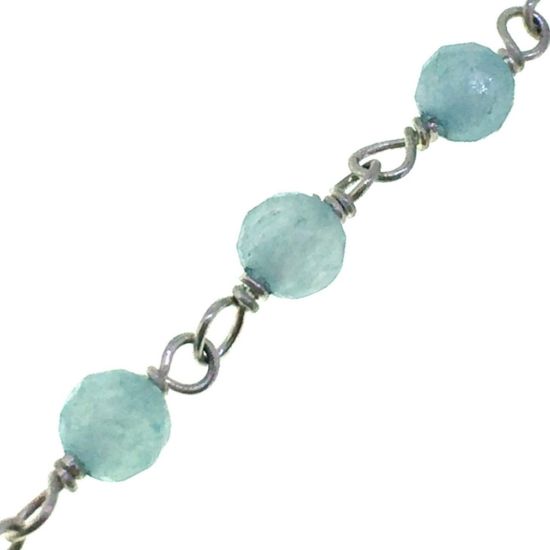 Wholesale Sterling Silver  Genuine  Aquamarine Rosary Chain By the Foot- 3mm Round Faceted Beads