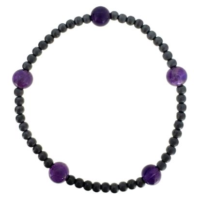 Wholesale Oxidized 925 Sterling Silver 3mm Smooth Beaded Stretchy Bracelet with 6mm Amethyst - 6.5"