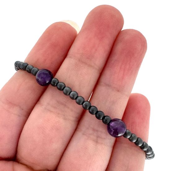 Wholesale Oxidized 925 Sterling Silver 3mm Smooth Beaded Stretchy Bracelet with 6mm Amethyst - 6.5"