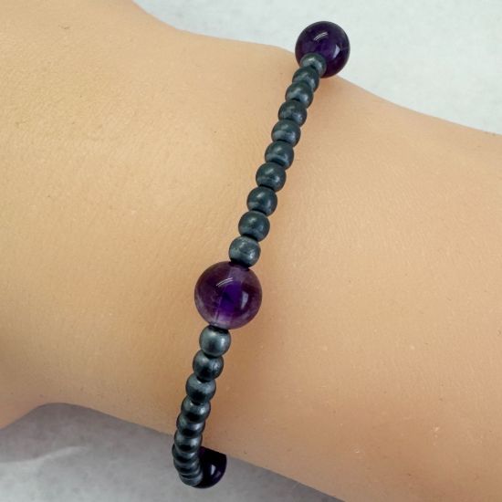 Wholesale Oxidized 925 Sterling Silver 3mm Smooth Beaded Stretchy Bracelet with 6mm Amethyst - 6.5"
