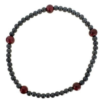 Wholesale Oxidized 925 Sterling Silver 3mm Smooth Beaded Stretchy Bracelet with 5mm Garnet - 6.5"