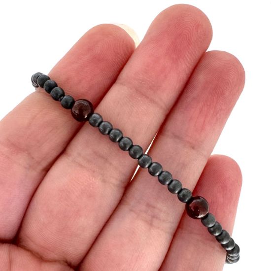 Wholesale Oxidized 925 Sterling Silver 3mm Smooth Beaded Stretchy Bracelet with 5mm Garnet - 6.5"