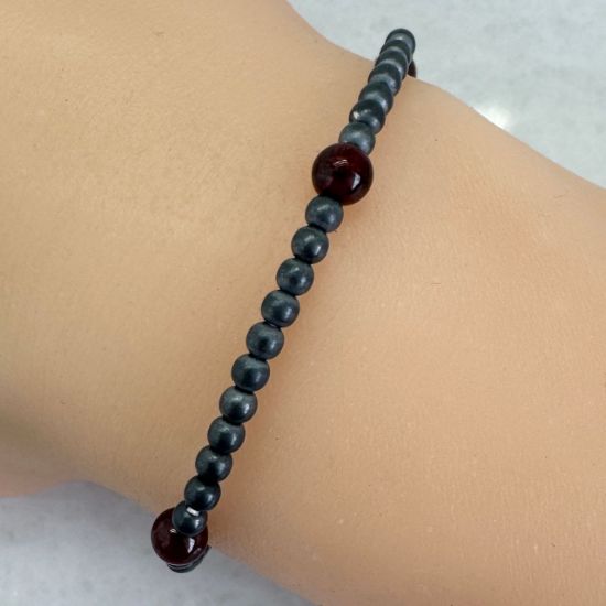 Wholesale Oxidized 925 Sterling Silver 3mm Smooth Beaded Stretchy Bracelet with 5mm Garnet - 6.5"