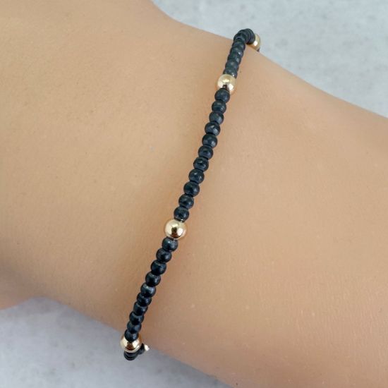 Wholesale Oxidized 925 Sterling Silver 2mm Smooth Beaded Stretchy Bracelet with 3mm Gold Filled Beads - 6.5"